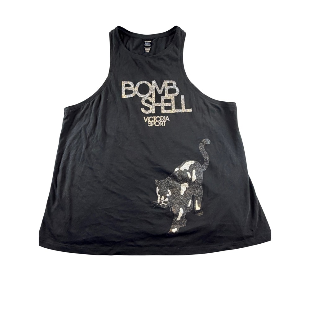 Victoria Sport Bombshell Black Racerback Tank Top XL Glitter Cat Graphic